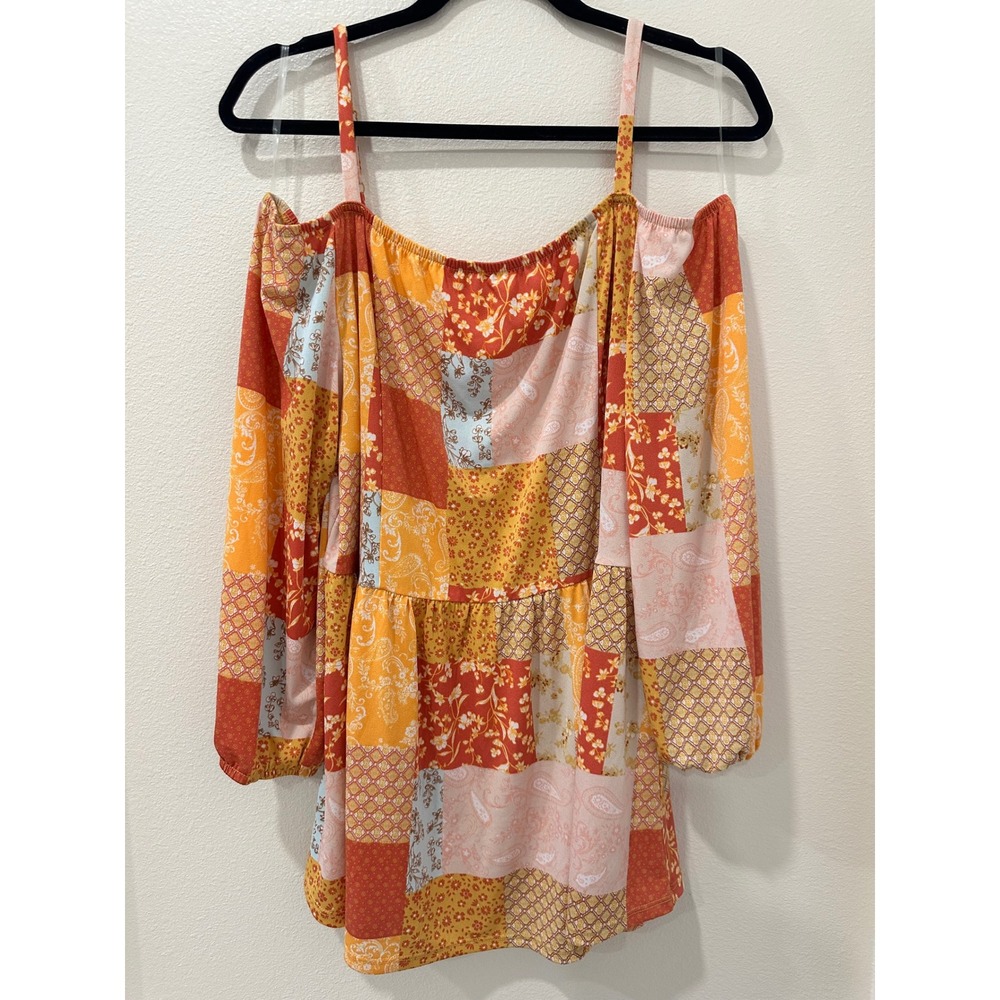 Cato Womens XL Patchwork Cold Shoulder Peplum Top Floral Paisley Orange Boho